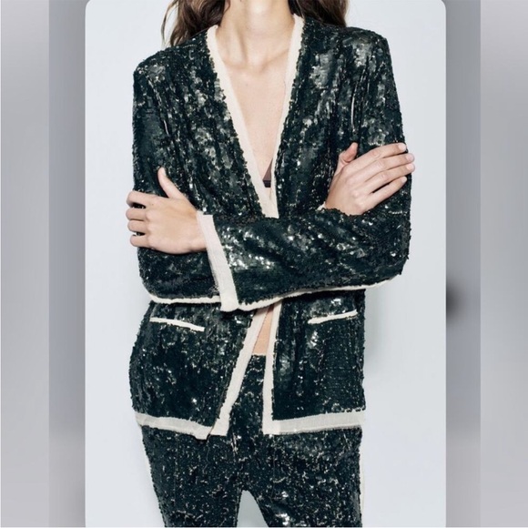 ZARA NEW WOMAN ZW COLLECTION SEQUIN BLAZER GREEN SIZE XS 3736/319 - Picture 6 of 15
